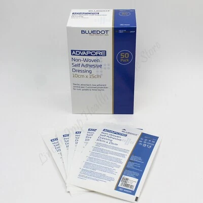 BLUE DOT BY CREST MEDICAL Adhesive Wound Dressings. Sterile, Low Adherent Pad. Advapore 10 x 15cm Qty 50.