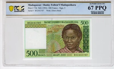 Madagascar 1994 500 Francs PCGS Banknote UNC Gem 67 PPQ Pick 75b - Image 1 of 2