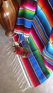 Serape Blue multicolored Mexican Blanket white fringe southwest Aztec X-LARGE  - Picture 1 of 2