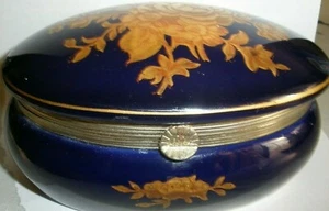 Vintage Faux Limoges Porcelain Hinged Trinket Box Cobalt &Gold Trim Floral - Picture 1 of 12