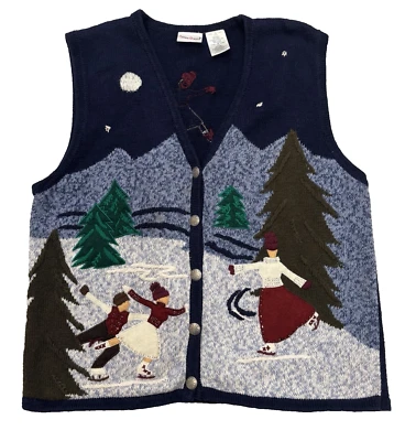 Bobbie Brooks Christmas Sweater Vest Skaters Women’s Large Vintage 90's Beaded - Image 1 of 4