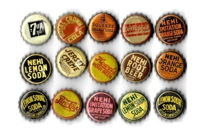 Lot 15 Kriegszeit 1930-1940er Kork gefütterte Kronkorken Pepsi Kohle 2 Punkte 7UP Nehi RC - Bild 1 von 2
