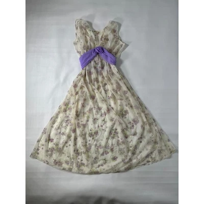 Maxi vestido floral vintage para mujer superposición transparente faja púrpura detalle rosa Foto 1 de 4