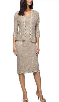 Alex Evenings Lace Sequin Sheath Dress and Jacket Size 8Petite Gold Formal Event - Image 1 of 4