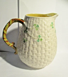 Belleek Porcelain Basketweave Hand Painted Shamrocks Milk Pitcher 6" 32 oz - Picture 1 of 5