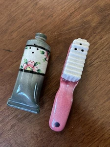 Vintage Zahnbürste und Zahnpasta Salz und Pfefferstreuer grau rosa Blumen Japan - Bild 1 von 4