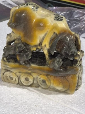 Chinese Antique Soapstone Carving Sow Pig & Piglets w/ancient coins for base  - Image 1 of 4