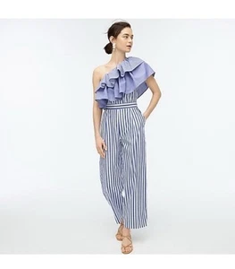 J. Crew One Shoulder Ruffle Jumpsuit Blue White Stripe 100% Cotton Size US 4 - Bild 1 von 17