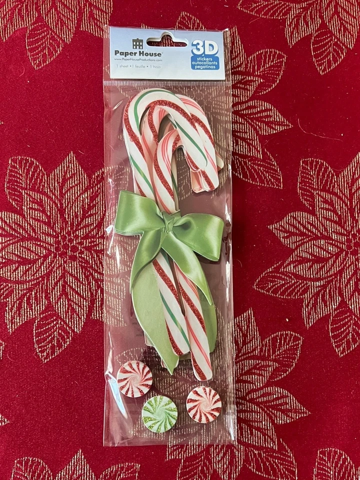 RARE - CANDY CANES RIBBON & CANDY PAPER HOUSE 3D STICKERS - Image 1 of 1