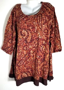 CATHERINES WOMENS BROWN PRINT PAISLEY PULLOVER TOP 3/4 SLEEVES 2X 22 24 NEW - Picture 1 of 9