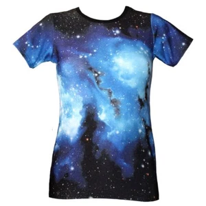 T-shirt girocollo donna blu Galaxy Planets Cosmos stampa spaziale taglia 8-22 - Foto 1 di 3