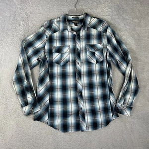 Helix Shirt Mens Large Blue Black Plaid Athletic Fit Metal Button Up Roll Tab - Picture 1 of 9