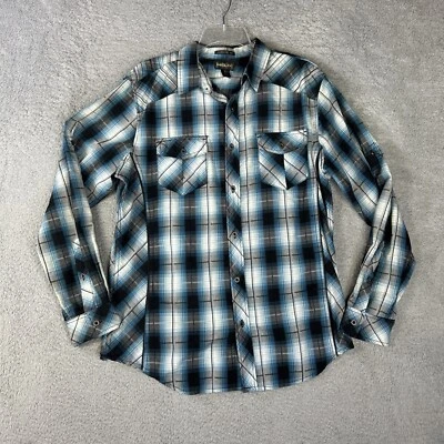 Helix Shirt Mens Large Blue Black Plaid Athletic Fit Metal Button Up Roll Tab - Image 1 of 4