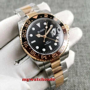 40mm bliger black dial luminous mark rose golden case GMT automatic mens watch - Picture 1 of 11