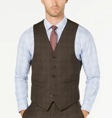 $160 Michael Kors 39s Men Brown Classic Fit 5 Button Wool Plaid Dress Suit Vest - Image 1 of 2