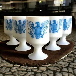 Vtg Blue Milk Glass Pedestal Mug Set of 5 Blue American Eagle Federal USA Lot - Picture 1 of 11