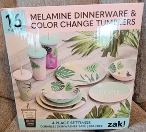 Zak Designs Tropical Melamine Dinnerware Set 16 Pc Color Changing Tumbler Summer - Picture 1 of 9
