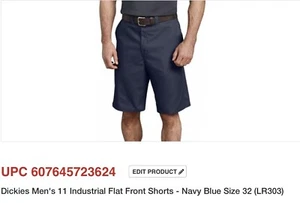 Dickies Men’s 11 Inch Industrial Flat Front Work Shorts LR303 Navy Size 32 NEW - Picture 1 of 4