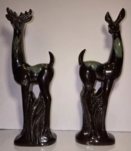 Pair Redware Pottery Deer Doe & Stag Standing Figurine Brown Green Glaze Deco - Picture 1 of 12