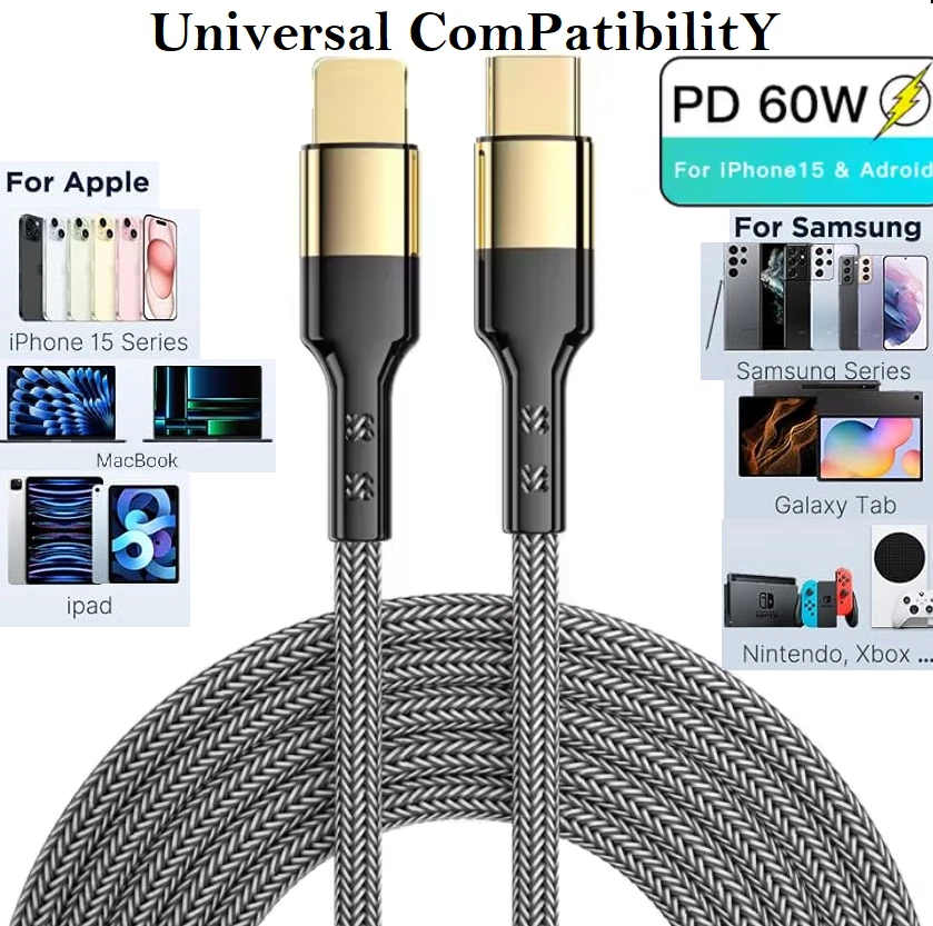 USB C to USB C Charger Cable 60W Fast Charging PD Braided Phone Charger Type C - Image 1 of 4