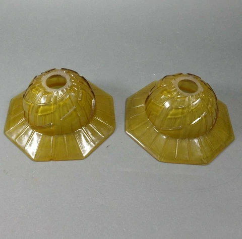 2 Antique 7" wide Art Deco Shades Amber Glass 1-1/16" fitter Cover