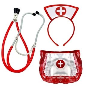 Damen 3-teiliges Krankenschwester Kostüm Zubehör Hut Stirnband Stethoskop Schürze Uniform Set - Bild 1 von 4