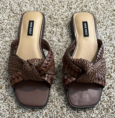 Nine West WN Olson 3 Womens Faux Leather Woven Slide Sandals Size 6M Brown - Image 1 of 4