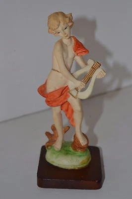 Vintage Resin Musician Harp Nude Girl Women Figure on Wood on Base - Image 1 of 2
