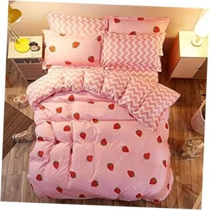 Duvet Cover Set Queen Size Strawberry/Chevron Pattern Sweet Reversible - Picture 1 of 8