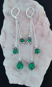 Malachite Bead , 7cm Long, 925 Silver Leverback Earrings. Handmade In Gift Bag - Picture 1 of 4