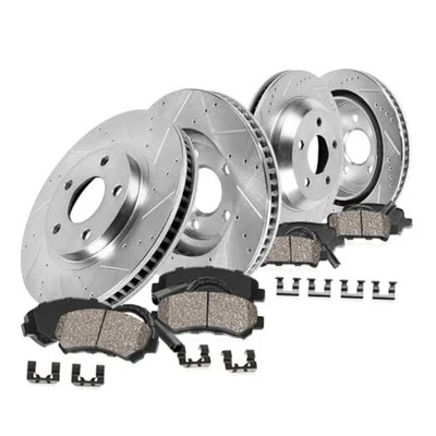 Rotores de disco de freio dianteiros e traseiros perfurados com fenda e pastilhas de freio de cerâmica +  - Imagem 1 de 4