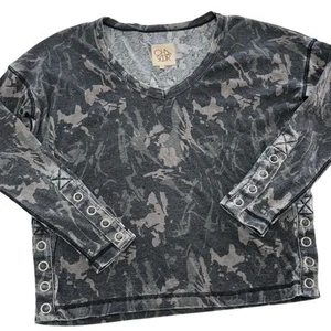 Chaser Shirt Womens X Small Gray Camo Vintage Rib V Neck Top Snap Detail - Picture 1 of 9