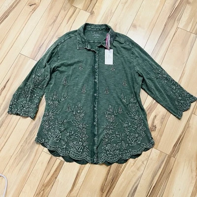 Nuevo con etiquetas Top Caite + Kyla Hecho a Mano Bosque Bordado Botón Talla 1X Algodón Verde Envidia Foto 1 de 4