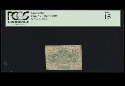 1862 NEW YORK Utica, 3c F.W. Hulburt Civil War Obsolete Banknote Currency, PCGS - Image 1 of 4