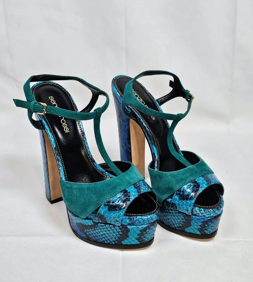 Sergio Rossi Elaphe Azul/Verde Gamuza Pitón Cuero Plataforma T-Correa Talla 5.5 Foto 1 de 4
