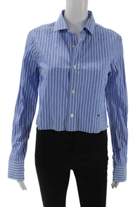 Designer Damen Cropped Gestreift Baumwolle Kragen Langarm Knopfleiste Größe S - Bild 1 von 6