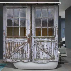 Retro Puerta Madera Impermeable Cortina de Ducha, Impermeable, Con Ganchos US NUEVO - Imagen 1 de 5