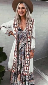 TIGERLILY Nazilla Embroidered White Cotton Kimono Longline Duster Jacket Size M - Picture 1 of 18