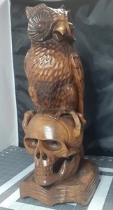 Alte alte handgeschnitzte peruanische Kunst Eule thront auf menschlichem Schädel "OOAK Figur" - Bild 1 von 21