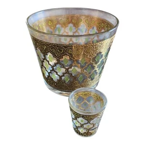Vintage MCM Culver Valencia 22k Gold Green Diamond Ice Bucket And Shot Glass - Picture 1 of 3