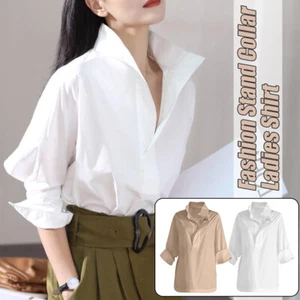 Women Stand Collar Batwing Sleeves Shirts Loose Hem Tops Elegant Casual Blouse - Picture 1 of 13