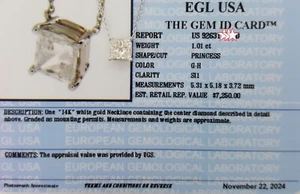 Princess Cut Diamond Solitaire Necklace 1.01 ct 14K White Gold Rtl $7,250 - Picture 1 of 9