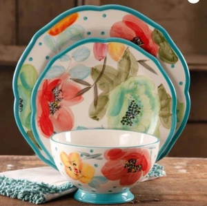 The Pioneer Woman Vintage Bloom 12-Piece Dinnerware Set, Turquoise Dinnerware - Picture 1 of 1