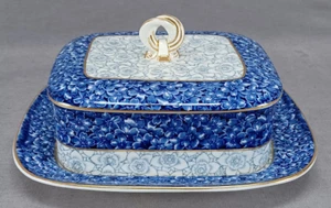 Royal Worcester W409 Blue Floral Chintz & Gold Bone China Sardine Box C. 1883 - Picture 1 of 14
