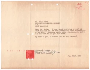 Wright, Frank Lloyd (1867-1959) - Typed letter signed re: presentat. of his work - Picture 1 of 1