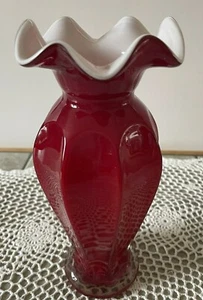 Ruby Red & White Hand Blown Cased Art Glass Vase w/Ruffled Top & 8 Fluted Body - Picture 1 of 5