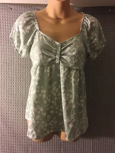 Pink Rose Top Sage Floral Button Frt Puff sleeve babydoll - Picture 1 of 2