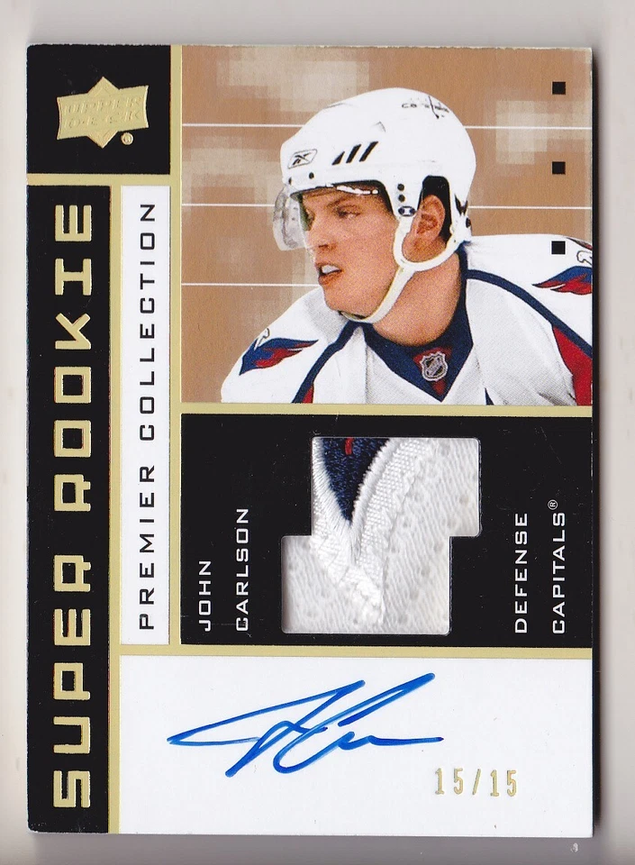 17-18 UD Premier John Carlson 15/15 Auto Patch Retro 02-03 Tribute Rookie 2017 - Image 1 of 1