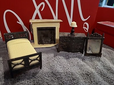 Vintage Renewal Dollhouse Bedroom Furniture Bed Dresser  Mirror Fireplace Lamp - Image 1 of 4