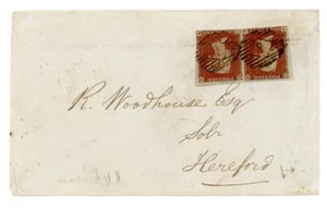 1853 GB 1d rotes Paar auf Brief mit Hereford Skelett (HF164) - Bild 1 von 4